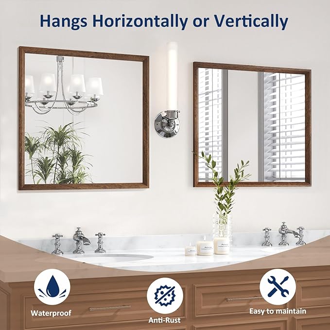 WEER Walnut Bathroom Mirror, Walnut Framed Mirror 36X36 Inch, Rectangle Wall Mounted Bathroom Vanity Mirror with Tempered Glass, Hangs Vertically or Horizontally, Anti-Rust