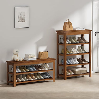 Bamworld Shoe Rack 5 Tier Wooden Storage Benches Wood Free Standing Shoe Shelf for Entryway Hallway (Brown,31.5")
