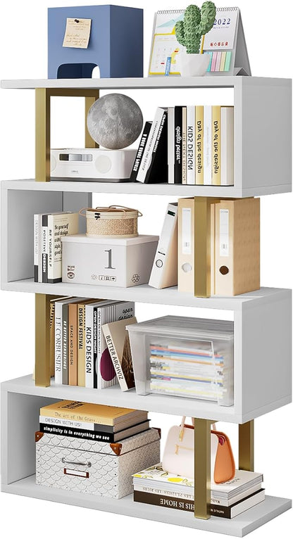 SORCEDAS Bookshelf Geometric Bookcase S Shaped Industrial Bookshelf Storage Display Stand Shelf for Living Room Bedroom and Office Room (White, 4 Tier)