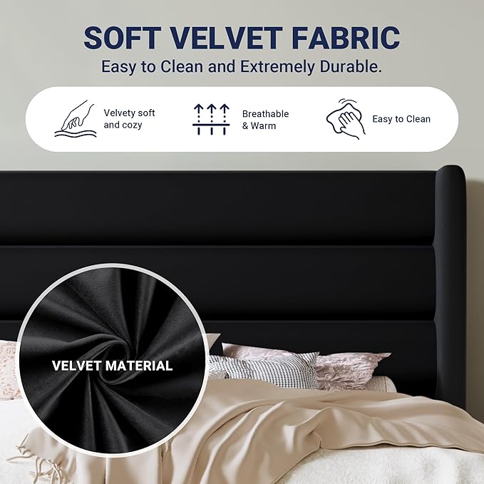 Allewie Full Size Platform Bed Frame with Velvet Upholstered Wingback Headboard, No Box Spring Needed, Under Bed Storage Space, Strong Wooden Slats, Modern Mattress Foundation, Easy Assembly, Black