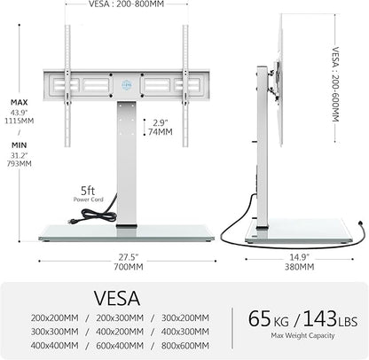 FITUEYES Universal TV Stand with Power Outlets for 50-85 inch TVs, Swivel&Height Adjustable Tall TV Stand for Bedroom Living Room, 27.5''Large Tempered Glass Base Holds up to 143 lbs, Ivory White