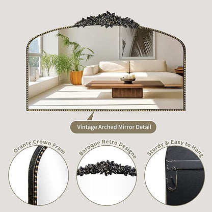Antique Arched Black Mirror 48"x30", Traditional Victorian Vintage Mantel Mirrors with Ornate Metal Frame, Baroque Mirrors for Fireplace/Entryway/Dining Room/Living Room/Bathroom