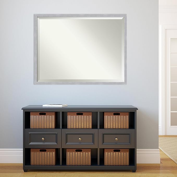 Amanti Art Silver Bathroom Mirror for Over Sink, 32x42 Grace Brushed Nickel Narrow Rectangle Vanity Mirror, X-Large Modern Frame, Hangs Horizonally and Vertically, Bathroom Wall Decor, Beveled Edge
