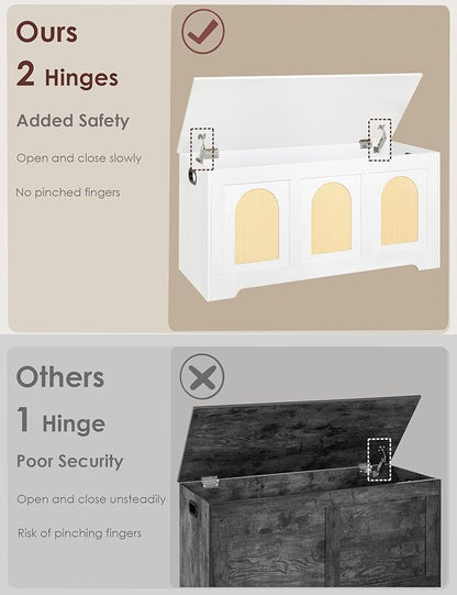 DINZI LVJ Storage Chest, 39.4" Rattan-Like Storage Box with 2 Safety Hinges, Wooden Entryway Shoe Bench with Flip-Top, Trunk for Living Room, Bedroom, Easy Assembly, White and Natural