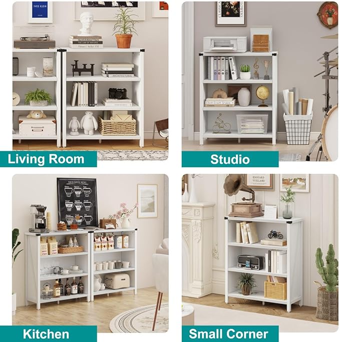 BON AUGURE White Bookcase, 3 Shelf Bookshelf, Farmhouse Wooden Book Cases/Shelves, Small Open Storage Book Shelves for Home School Library Office Bedroom Kids (White Oak)