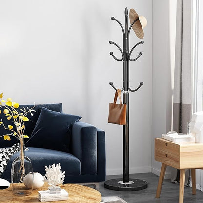 Black Coat Rack Freestanding, Metal Coat Hanger Stand, High-grade Entryway Hat Tree Coat Rack Stand with 12 Hooks & Natural Marble Base