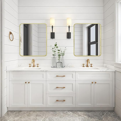 Gold Metal Framed Bathroom Mirror for Wall, Brushed Gold Rounded Corner Rectangular Bathroom Vanity Mirror, Anti-Rust, Tempered Glass (30" x 36", Gold)