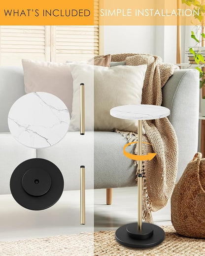 Round Side Table, Small Drink Table for Small Spaces, Modern Accent End Table Coffee Table with Metal Leg for Living Room, Bedroom, Corners, and Office (White Marble)