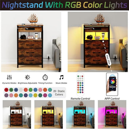 End Table with Charging Station, Nightstand with LED Lights and 3 Drawers, Small Dresser with Fabric Storage, Retro Side Table for Bedside, Living Room Dorm, Rustic Brown