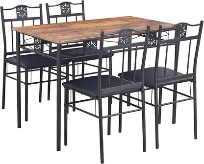 VECELO Kitchen Dining Room Table Sets for 4, 5 Piece Metal and Wood Rectangular Breakfast Nook, Dinette with Chairs, Retro Brown