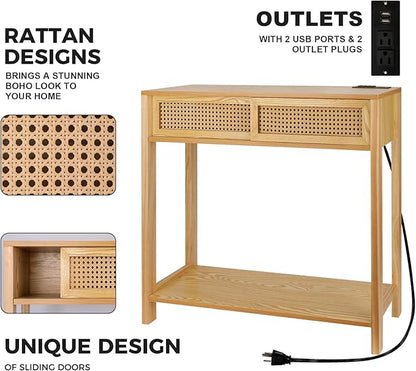 Console Table with Charging Station, Small Vanity Desk, 32" Console Tables for Entryway Table Rattan Dresser Entry Table Narrow Console Table Modern Hallway Table Boho Sofa Table for Living Room