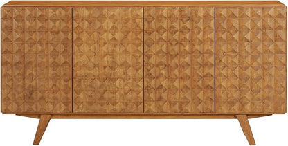 NTC Sapa Mid-Century Modern Solid Wood Sideboard – 4-Door Accent Buffet Cabinet with Carved Geometric Fronts, for Living Room, Dining Room, or Entryway, Effortless Assembly, Teak Look