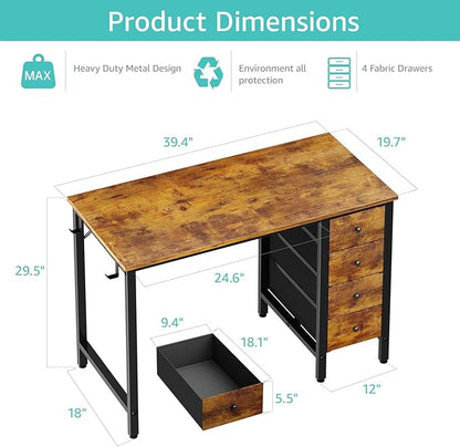 Lufeiya 40 inch Computer Desk with 4 Fabric Drawers, Kids Student Reversible Small Desks for Home Office Small Space, Work PC Desk Table for Bedroom, Rustic Brown