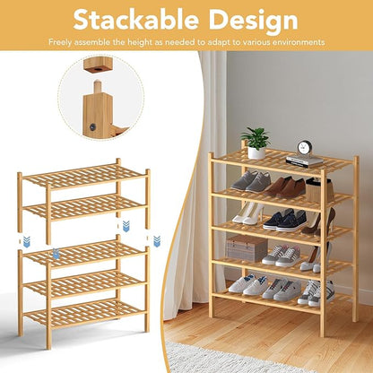 Haddockway Large 3 Tier Bamboo Shoe Rack Storage Organizer,Multifunctional Free Standing Stackable Shoe Shelf with Grid Panel for Closet,Hallway,Entryway,Small Space 27"x12"x21"(Natural, 3-Tier Large)