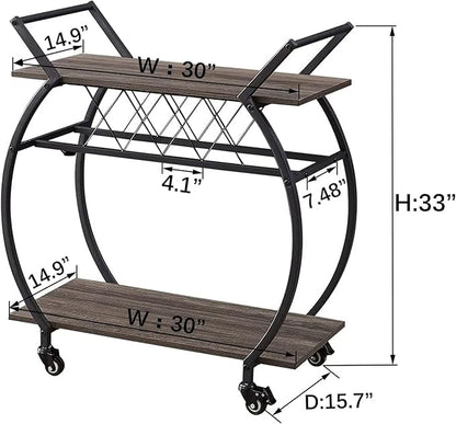 LVB Bar Cart with Wine Rack, 2 Tier Kitchen Cart on Wheels, Industrial Wood and Metal Portable Coffee Cart Table for Home, Rustic Modern Mobile Rustic Rolling Serving Cart with Shelves, Dark Oak