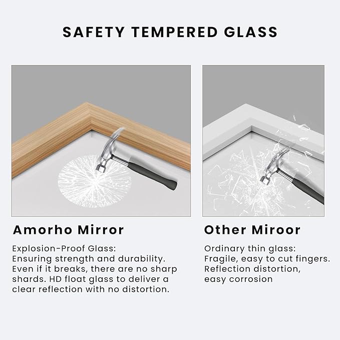 Amorho 22 X30 Inch Bathroom Mirror for Wall, Oak Wood Grain Metal Framed Mirror, Anti-Rust, Hang Horizontally/Vertically, Suitable for Bedroom, Farmhouse, Bathroom, Decorative