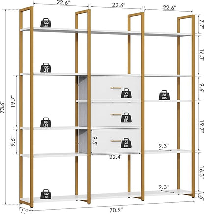 73.6" Tall Bookshelf with 3 Drawers and 16 Storage Shelves, Industrial Bookcase with 16 Open Display Shelves, Large Etagere Bookshelf, Triple Wide Book Shelf Book Case for Home & Office, Gold