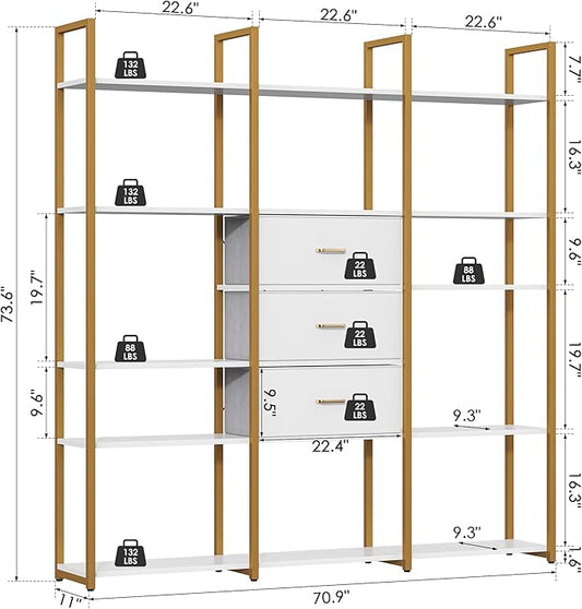 73.6" Tall Bookshelf with 3 Drawers and 16 Storage Shelves, Industrial Bookcase with 16 Open Display Shelves, Large Etagere Bookshelf, Triple Wide Book Shelf Book Case for Home & Office, Gold