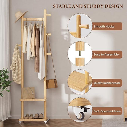 Coat Rack Freestanding Clothing Rack with Wheels & 2 Shelves Storage & 5 Hooks Heavy Duty Clothes Rack Wood Coat Tree Stand Hat Hanger Rack for Corner Bedroom Entryway Living Room Hotel