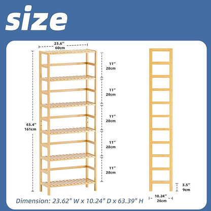 HITNET Bamboo Shelf, 6-Tier Adjustable Tall Open Bookcase, Bathroom Storage Rack Freestanding Shelving Unit, Plant Display Stand for Small Space, Natural