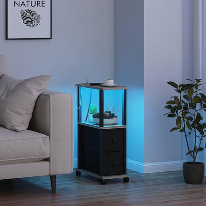 TUTOTAK Small Narrow End Tables, LED Side Tables with 2 Fabric Drawers, Set of 2, Bedside Tables with Charging Station for Small Spaces, Slim Nightstands with USB Ports and Wheels, TB01BG053L