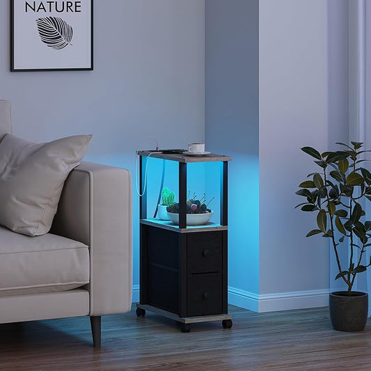 TUTOTAK Small Narrow End Tables, LED Side Tables with 2 Fabric Drawers, Set of 2, Bedside Tables with Charging Station for Small Spaces, Slim Nightstands with USB Ports and Wheels, TB01BG053L