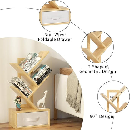 Small Book Shelf with Drawer,4 Tier Black Tree Bookshelf,Wooden Desktop Bookcase,Modern Desk Display Storage Bookshelves,Floor Standing Organizer Bookcases for Living Room,Bedroom,Office