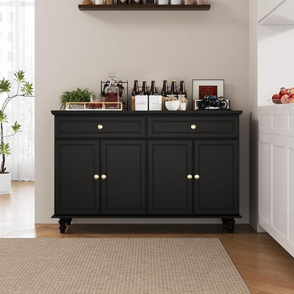 47.6" Buffet Sideboard with 2 Drawers and 4 Doors, Wooden Kitchen Storage Cabinet with Adjustable Shelves, Rustic Top Console Table for Dining Room, Kitchen, or Entryway,Black