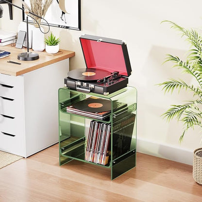 Acrylic Record Player Table with Storage Shelf, Clear Side Table Nightstand (Green)
