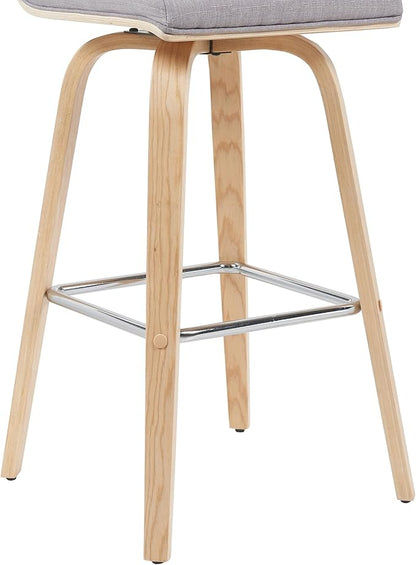 Vienna Modern Swivel Bar Height Stool with Grey Upholstered Seat and Patterned Oak Wood Frame Set of 2
