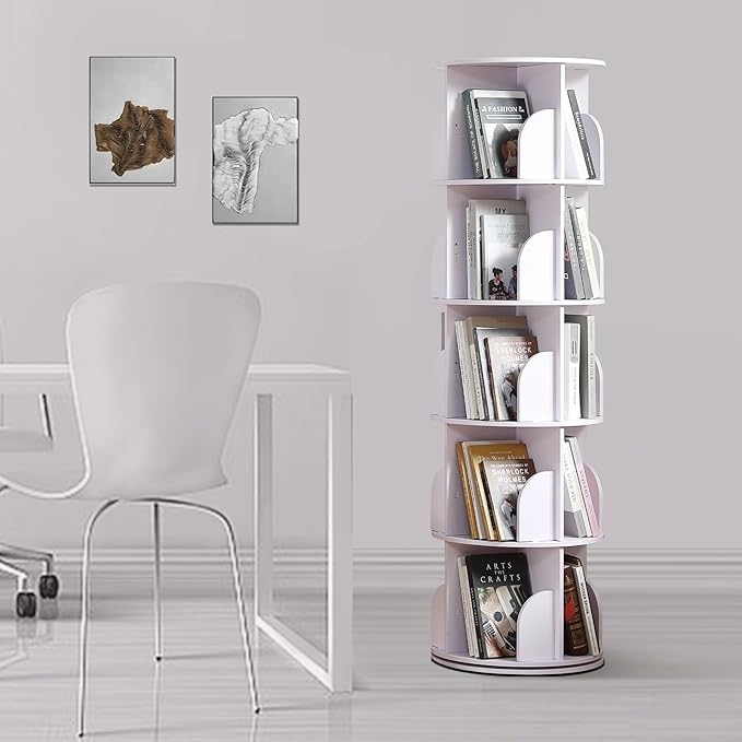 Rotating Bookshelf Tower, 360 Display Spinning Bookshelf, PVC Narrow Book Shelf Organizer, Corner Floor Standing Bookcase for Bedroom, Living Room, Study Room, Small Space (5 Tier)
