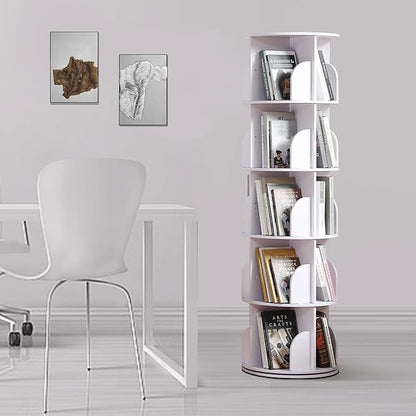 Rotating Bookshelf Tower, 360 Display Spinning Bookshelf, PVC Narrow Book Shelf Organizer, Corner Floor Standing Bookcase for Bedroom, Living Room, Study Room, Small Space (5 Tier)