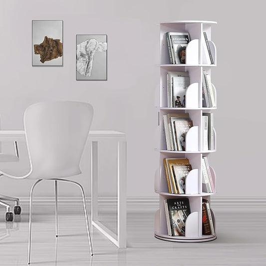 Rotating Bookshelf Tower, 360 Display Spinning Bookshelf, PVC Narrow Book Shelf Organizer, Corner Floor Standing Bookcase for Bedroom, Living Room, Study Room, Small Space (5 Tier)