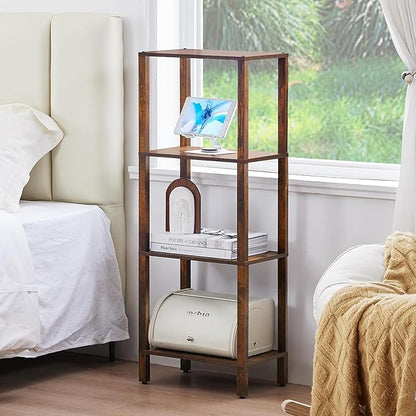 4 Tier Tall Wooden Bookshelf with Storage - Small Bookcase for Small Spaces, Shelf for Living Room, Office, Bedroom, Kitchen - Industrial Retro Brown Book Shelf