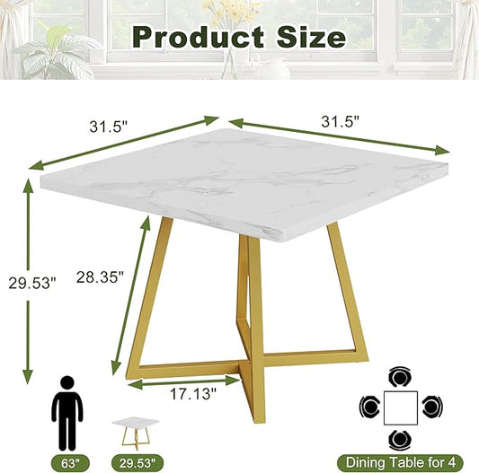 NicBex 31.5 Inch Square Dining Table for 4, Wooden Small Dinner Table Farmhouse Kitchen Tables with Metal Leg for Dining Room, Kitchen, Living Room, White & Gold