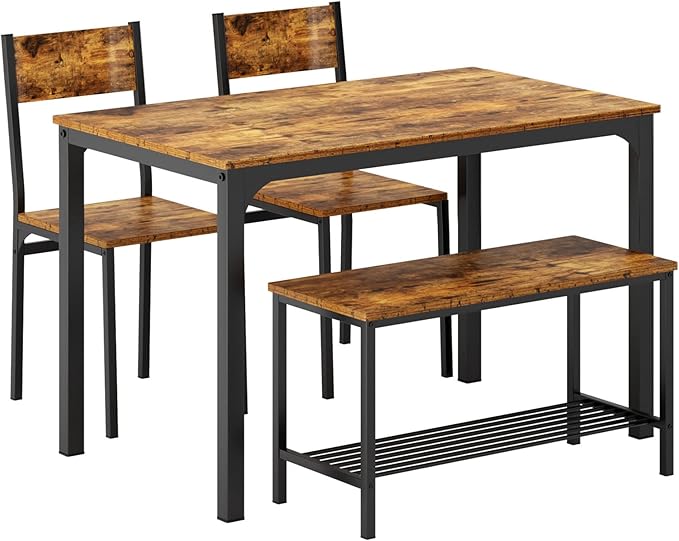 SogesHome 4-Piece Dining Table Set for 4 - Space-Saving Kitchen Set with Bench and Chairs, Ideal for Restaurants and Coffee Shops, Vintage Brown