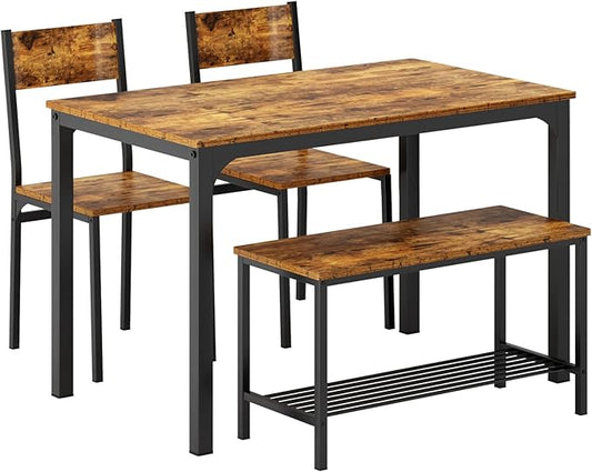 SogesHome 4-Piece Dining Table Set for 4 - Space-Saving Kitchen Set with Bench and Chairs, Ideal for Restaurants and Coffee Shops, Vintage Brown