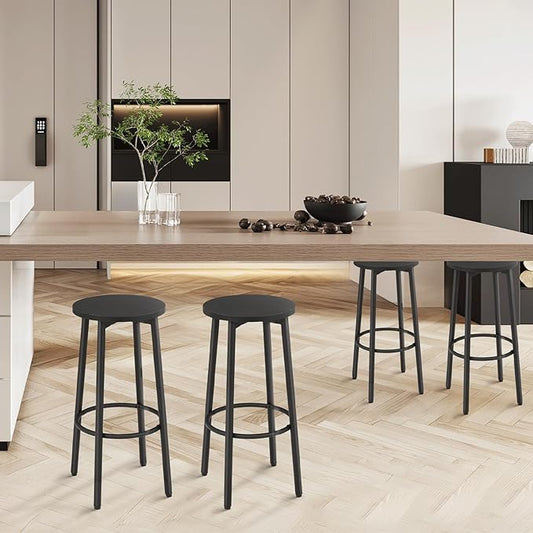 Athena Collection Bar Stools Set of 2, 25.5 Inches Round Counter Height Bar Stools Backless with Metal Legs and Footrest, Wood Barstools for Home, Kitchen Island, Counter, Black