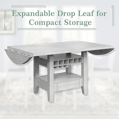 Solid Wood Dining Table Set for 6, Modern Breakfast Dinette Expandable Drop Leaf Kitchen Table with Chairs for Dining Room, Kitchen, Grey
