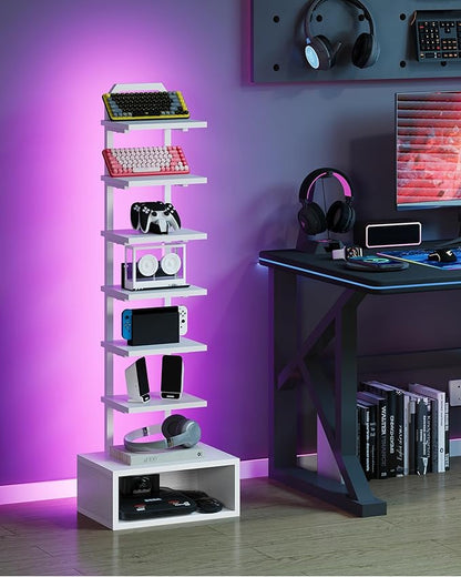 8-Tier Bookshelf, LED Bookcase with Semi-Open Bottom, Small Space Standing Shelf with Lights, Corner Storage Stand, for Living Room, Home Office, Bedroom, White TSJ08DWB