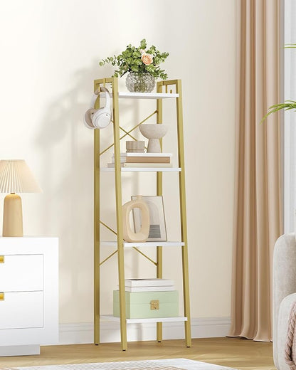 Ladder Shelf, Bookshelf Bookcase, Freestanding Corner Storage Shelve with 2 Hooks for Home Office, Living Room, Kitchen, Bedroom, Industrial, 4-Tier White Gold BC13213G