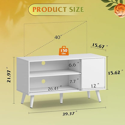 WLIVE TV Stand for 43 Inch TV, Small Entertainment Center with Storage Cabinet & Adjustable Shelves, Mid-Century Modern TV Stands for Living Room and Bedroom, TV Console Suit 32 Inch TV, White