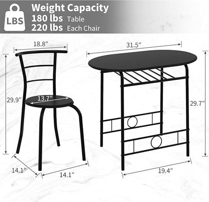 VECELO 3-Piece Dining Table Set for Kitchen Breakfast Nook, Wood Grain Oval Tabletop and Metal Frame with Built-in Wine Rack, for Small Spaces, Black