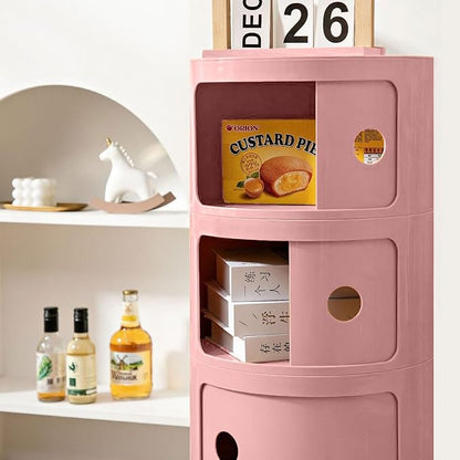 3 Tier Round Nightstand with Drawer, Pink Round Side Table Small Plastic Storage End Table Suitable for Bedroom, Living Room, Bathroom (Pink)