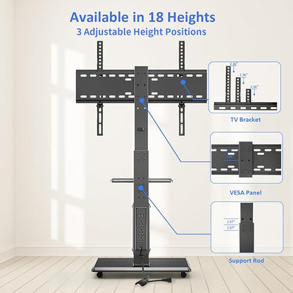 Rolling TV Stand with Power Outlet, Mobile TV Cart for 32-75 Inch TVs up to 110 lbs, 18 Adjustable Heights, Max VESA 600x400mm, TV Floor Stand with Swivel Mount/Shelf/Wheels, Fits for Bedroom, Outdoor