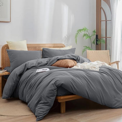 BESTOUCH Duvet Cover Set 100% Washed Cotton Linen Feel Super Soft Comfortable Chic Lightweight 3 PCs Home Bedding Set Solid Quiet Shade Grey Oversized Full