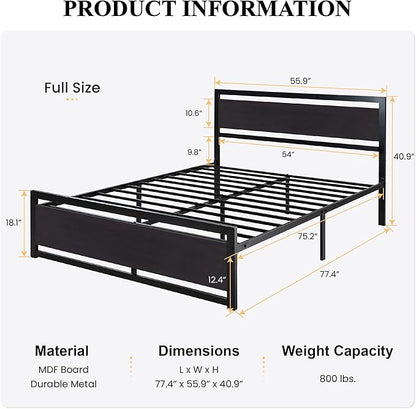 SHA CERLIN Full Size Bed Frame with Modern Headboard, Heavy Duty Platform Metal Base with Square Footboard and 13 Strong Slats Support, No Box Spring Needed, Black