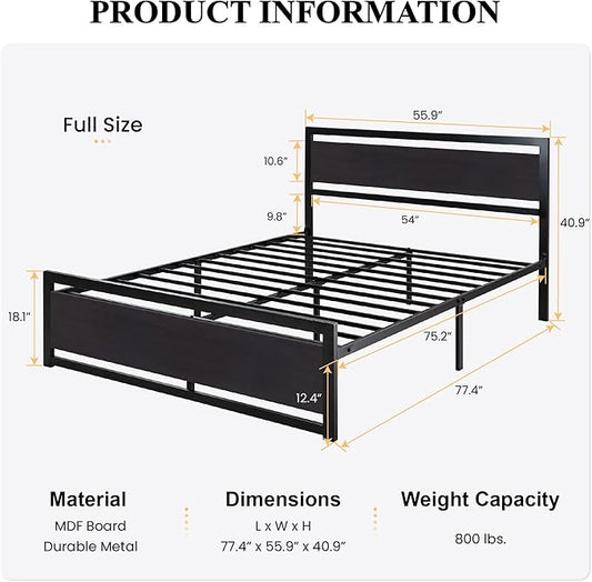 SHA CERLIN Full Size Bed Frame with Modern Headboard, Heavy Duty Platform Metal Base with Square Footboard and 13 Strong Slats Support, No Box Spring Needed, Black