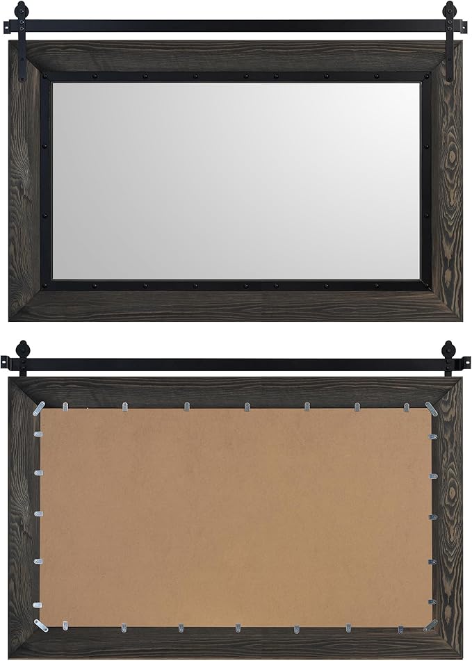 YOSHOOT Farmhouse Barn Door Mirror, 48"x30" Rustic Bathroom Mirror, Wood Frame Wall Mirror, Wooden Mirror for Living Room Bedroom Entryway Wall Décor, Horizontal Hanging ONLY