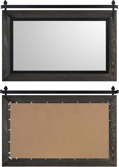 YOSHOOT Farmhouse Barn Door Mirror, 48"x30" Rustic Bathroom Mirror, Wood Frame Wall Mirror, Wooden Mirror for Living Room Bedroom Entryway Wall Décor, Horizontal Hanging ONLY